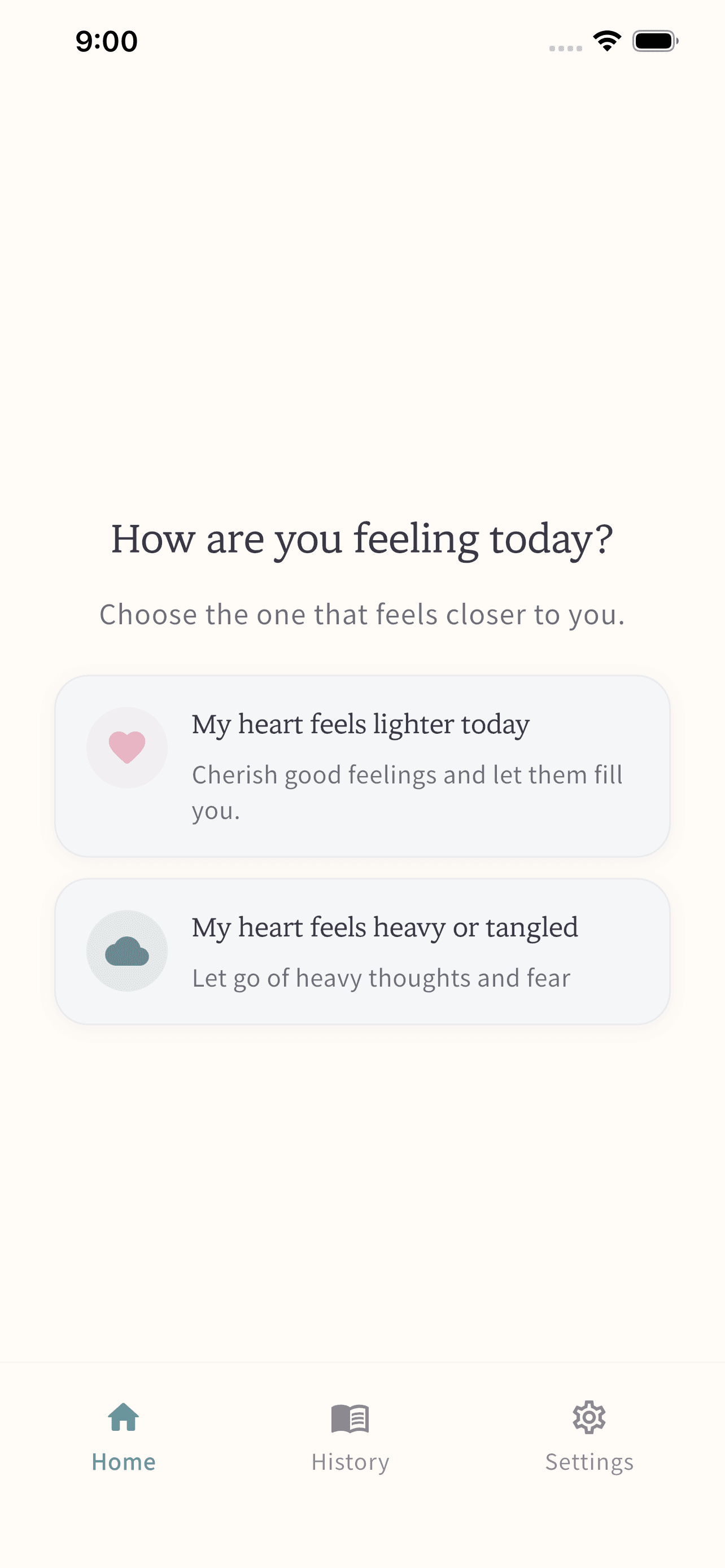 Subconscious rewiring app home—RE:belief Fill (heart) or Empty (cloud)—limiting beliefs journal