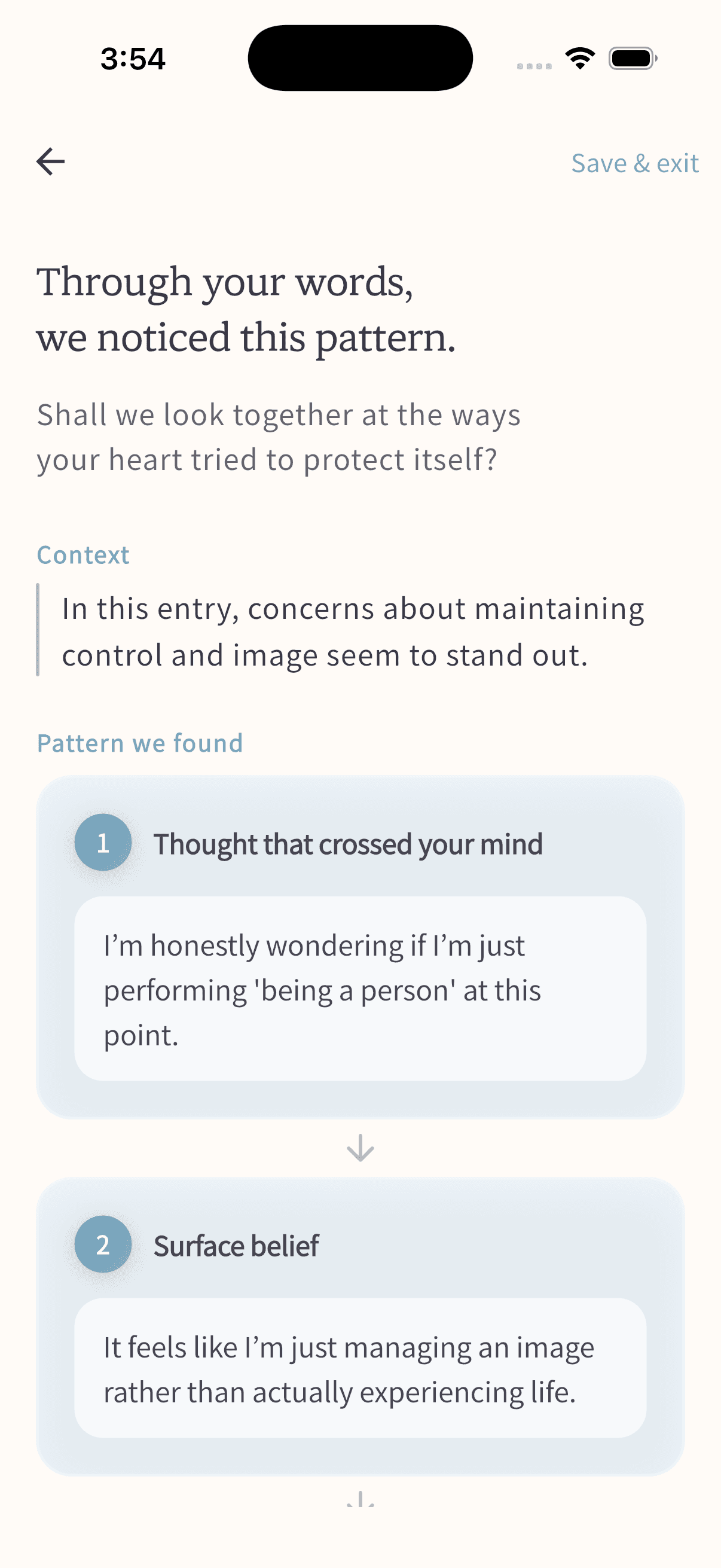 Limiting beliefs and core belief analysis—shadow work journaling app screen, RE:belief